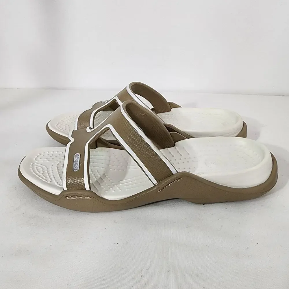 Crocs Women’s Cleo III T Strap Comfort Sandals Slip On Casual White Taupe Size 8
